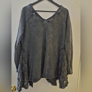 Free People Charcoal Lace Sleeve Sweatshirt